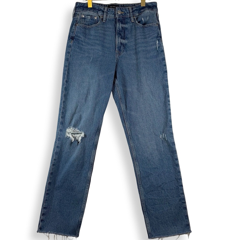 Free Assembly Super High Rise Straight Jeans Womens 8 Blue Distressed Raw Hem